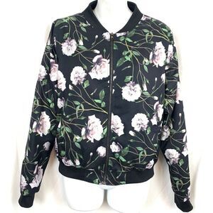 IRIS Los Angeles Black Purple Floral Bomber Full Zip Jacket Lined sz Medium M